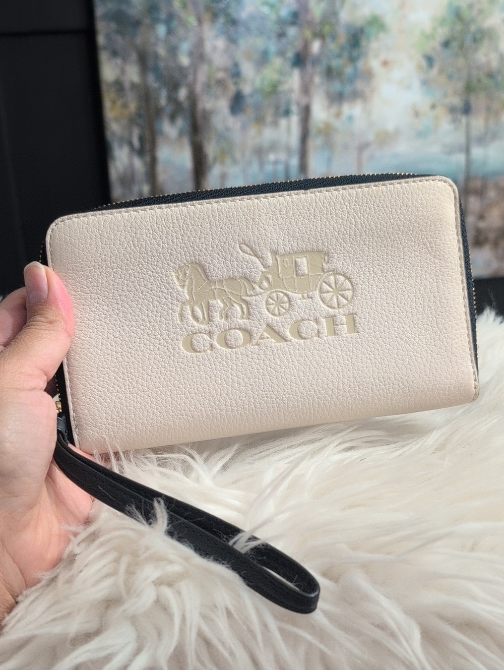 Coach Long Zip Around Wallet with Embossed Horse & Carriage - Chalk/Vanilla